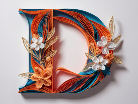 Elegant Paper Quilling Art Forming the Letter D Embellished with Floral Designsの素材
