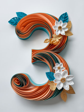 Paper Quilled Number 3 Adorned with Orange and Blue Paper Flowers Paper Art .の素材