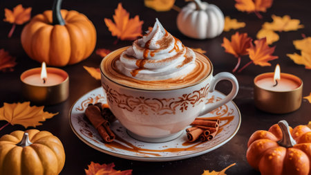 Autumn Spiced Latte with Whipped Cream Surrounded by Pumpkins and Candles on Festive Tableの素材