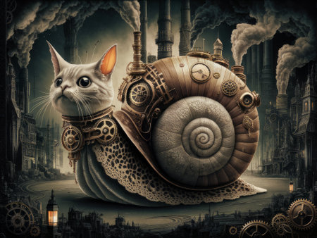 Steampunk Fantasy Scene with Cat Riding Mechanical Snail in Industrial Cityscapeの素材