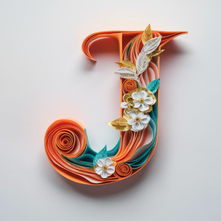 Vibrant Orange Quilled Letter J Adorned with Delicate Paper Flowers on a Soft White Backgroundの素材
