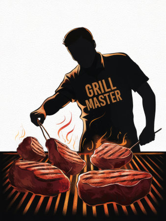 Grill Master Chef Cooking Steaks on Fiery Barbecueの素材