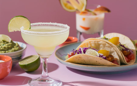 Exquisite Mexican Cuisine: Tacos with Fresh Vegetables and a Classic Margaritaの素材