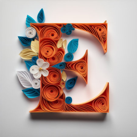 Letter E Embellished with Floral Designs, Elegant Paper Quilling Artの素材