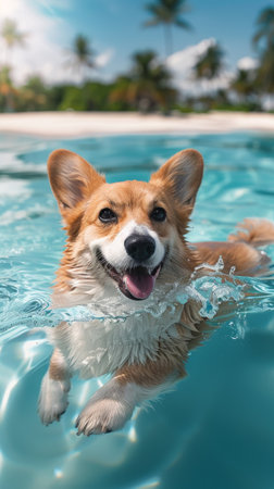 Adorable Corgi Swimming in a Tropical Pool - Summer Vacation, Pet Fun, Beach Getawayの素材
