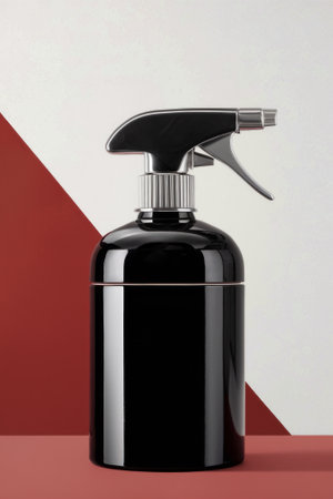 Modern Black Spray Bottle for Cleaning or Beauty Products on Minimalist Background - Design for Print, Card, Posterの素材