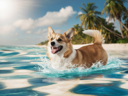 Playful Dog Enjoying Summer Vacation on Tropical Beach with Palm Trees and Clear Blue Watersの素材