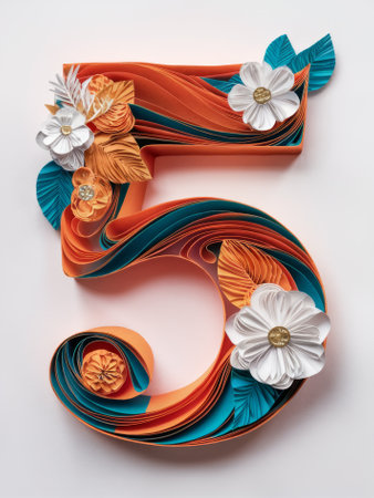Elegant Quilled Number 5 Adorned with Orange and Blue Paper Flowers Paper Artの素材