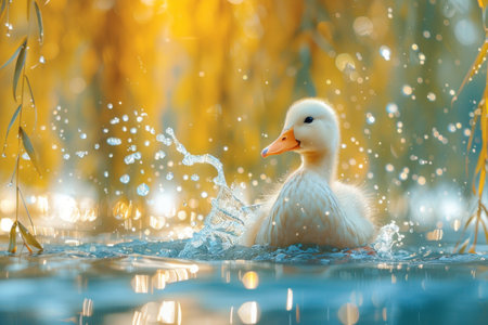 Adorable Duckling Splashing in Sunlit Pond - Nature image for Posters, Cards, and Printの素材