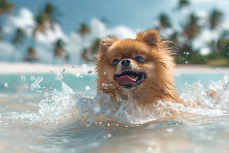 Happy Pomeranian Swimming in Tropical Ocean Water with Palm Trees in Backgroundの素材