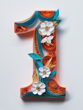 Elegant Quilled Number 1 Adorned with Orange and Blue Paper Flowers Paper Artの素材