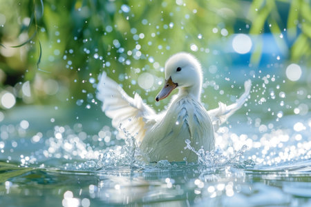 Adorable Duckling Splashing in Sunlit Pond - Nature image for Posters, Cards, and Printの素材