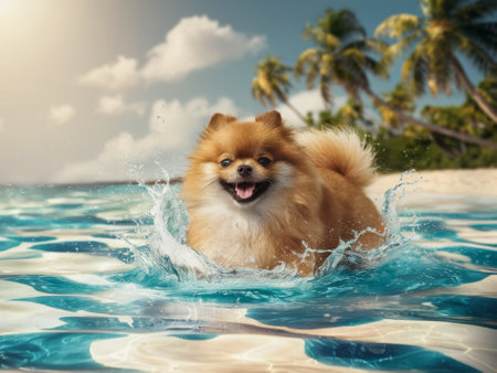 Adorable Pomeranian Playing in Ocean Waves on a Tropical Beach - Summer Vacation Funの素材