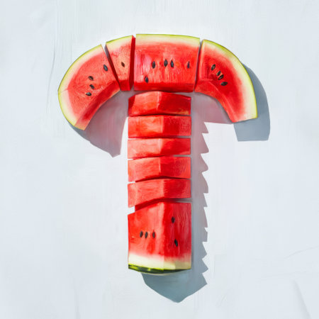Alphabet Letter T Shaped Watermelon Slice, White Backgroundの素材