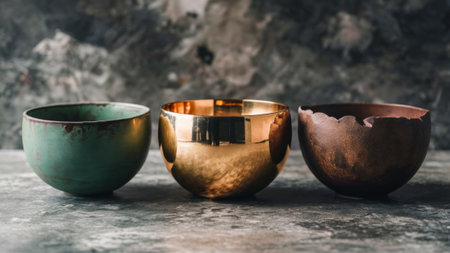 Three Tibetan Singing Bowls in Copper, Bronze, and Gold Finishes on a Rustic Surfaceの素材