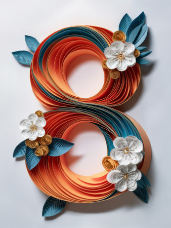 Elegant Quilled Number 8 Adorned with Orange and Blue Paper Flowers Paper Artの素材