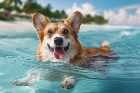Adorable Corgi Swimming in a Tropical Pool - Summer Vacation, Pet Fun, Beach Getawayの素材