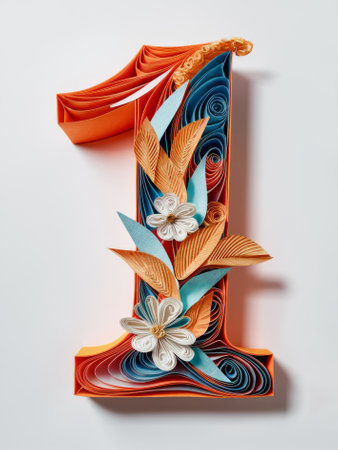 Elegant Quilled Number 1 Adorned with Orange and Blue Paper Flowers Paper Artの素材