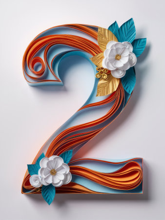 Quilled Number 2 Adorned with Orange and Blue Paper Flowers Paper Artの素材