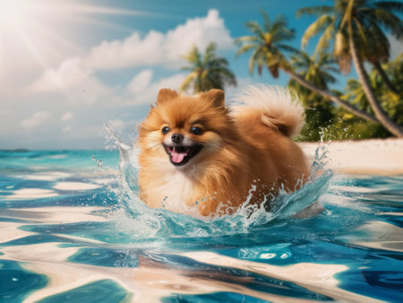 Adorable Pomeranian Playing in Ocean Waves on a Tropical Beach - Summer Vacation Funの素材
