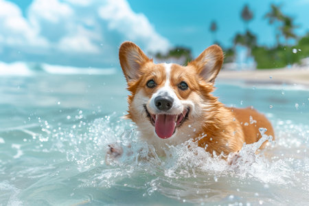 Adorable Corgi Swimming in a Tropical Pool - Summer Vacation, Pet Fun, Beach Getawayの素材