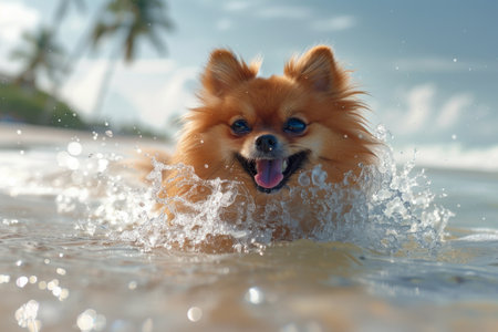 Adorable Pomeranian Playing in Ocean Waves on a Tropical Beach - Summer Vacation Funの素材