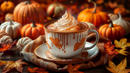 Autumn Pumpkin Spice Latte with Whipped Cream Surrounded by Fall Decorの素材