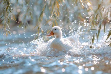 Serene Summer Nature Scene with Splashing White Duck in Sunlit Pondの素材