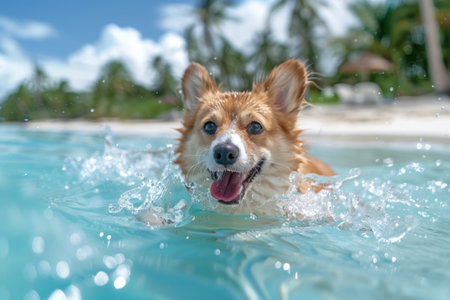 Happy Corgi Enjoying a Tropical Beach Swim on a Sunny Summer Dayの素材