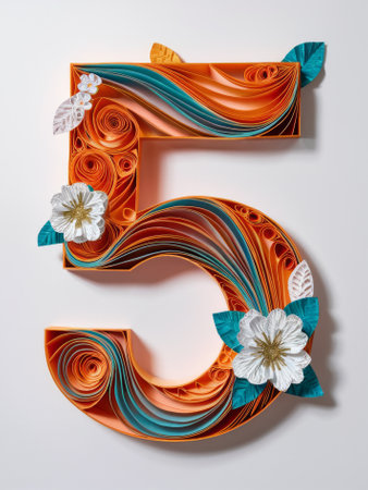 Quilled Number 5 Adorned with Orange and Blue Paper Flowers Paper Artの素材