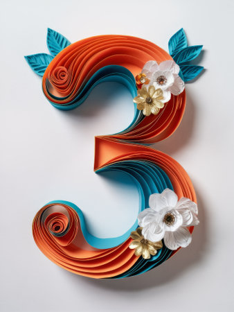 Elegant Quilled Number 3 Adorned with Orange and Blue Paper Flowers Paper Artの素材