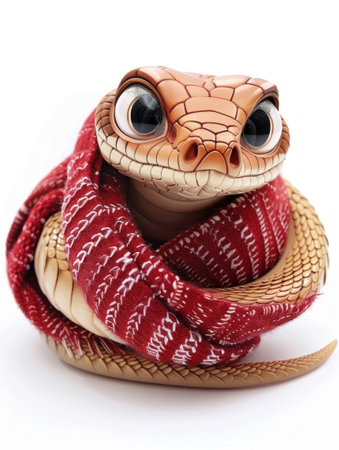 Adorable Snake in Red Scarf Smiling in Snowy Environment, Winter Warmthの素材