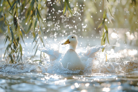 Adorable Duckling Splashing in Sunlit Pond - Nature image for Posters, Cards, and Printの素材