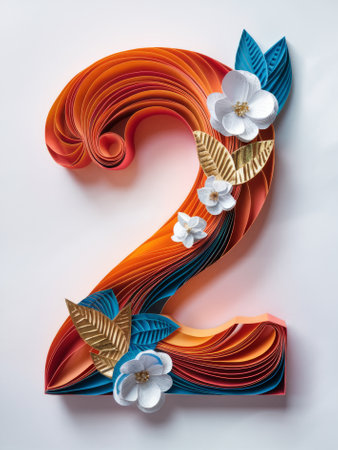 Quilled Number 2 Adorned with Orange and Blue Paper Flowers Paper Artの素材
