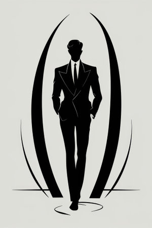 Elegant Businessman Silhouette in Stylish Suit Standing Confidently Within Abstract Elliptical Designの素材