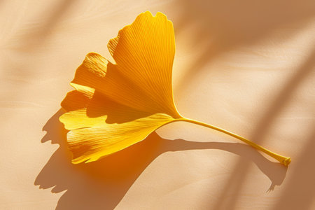 Golden Ginkgo Leaf on Warm Beige Background with Soft Shadows in Sunlightの素材