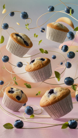 Floating Blueberry Muffins with Fresh Berries and Mint in Dreamy Backgroundの素材
