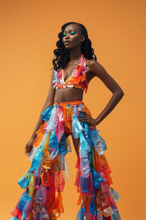 Fashion Statement Made from Recycled Plastic Bottles Against Vibrant Orange Backgroundの素材