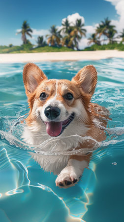 Joyful Corgi Swimming in Crystal Clear Turquoise Ocean, Summer Vacation at Tropical Beach - Perfect for Cards, Posters, and Digital Graphicsの素材