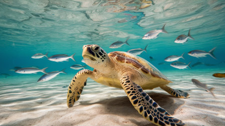 Sea Turtle Swimming Underwater with Fish in Crystal Clear Tropical Ocean for Marine Life Enthusiastsの素材