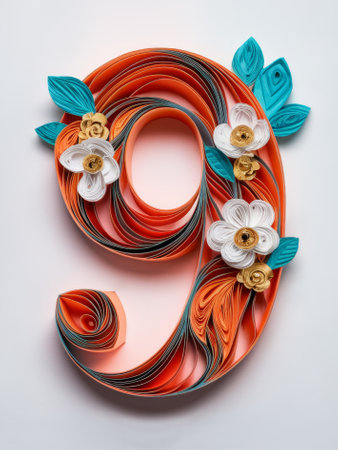Elegant Quilled Number 9 Adorned with Orange and Blue Paper Flowers Paper Artの素材