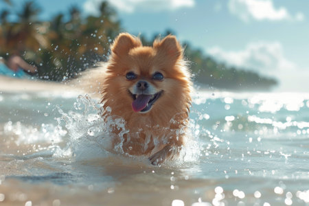 Adorable Pomeranian Playing in Ocean Waves on a Tropical Beach - Summer Vacation Funの素材