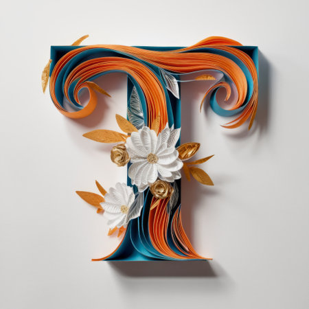 Elegant Paper Quilling Art Forming the Letter T Embellished with Floral Designsの素材