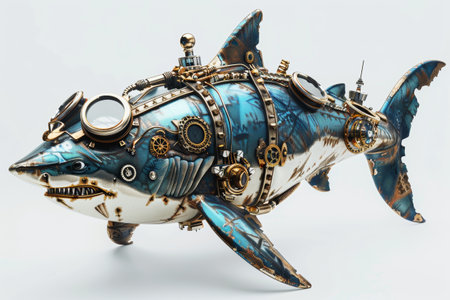 Steampunk Shark Illustration - Mechanical Ocean Predator Art for Posters and Printsの素材