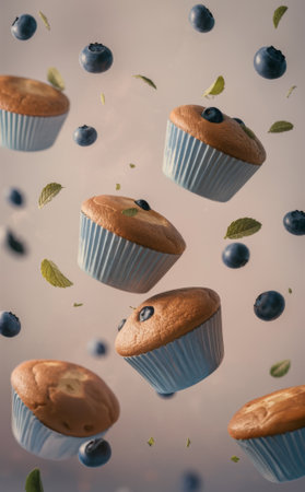 Freshly Baked Blueberry Muffins with Mint Leaves in Mid-Airの素材