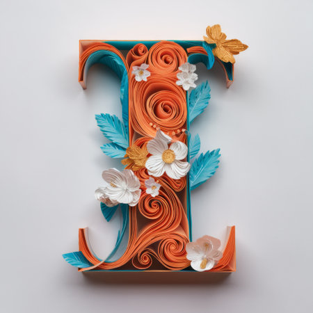 Letter I Embellished with Floral Designs, Elegant Paper Quilling Artの素材