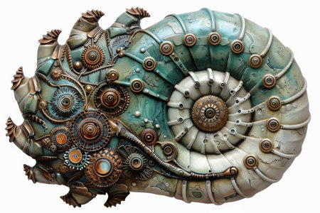Steampunk Nautilus Shell Art: Intricate Gear and Metalwork Design for Print, Card, Posterの素材