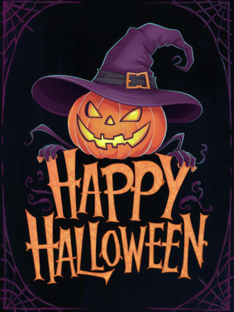 Happy Halloween Greeting Card Design with Spooky Pumpkin and Witch Hat for Festive Decorの写真素材