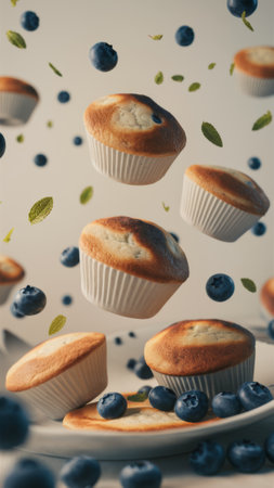 Floating Blueberry Muffins with Fresh Berries and Mint in Dreamy Backgroundの素材