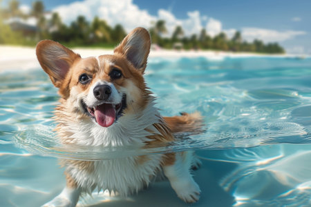 Adorable Corgi Swimming in a Tropical Pool - Summer Vacation, Pet Fun, Beach Getawayの素材